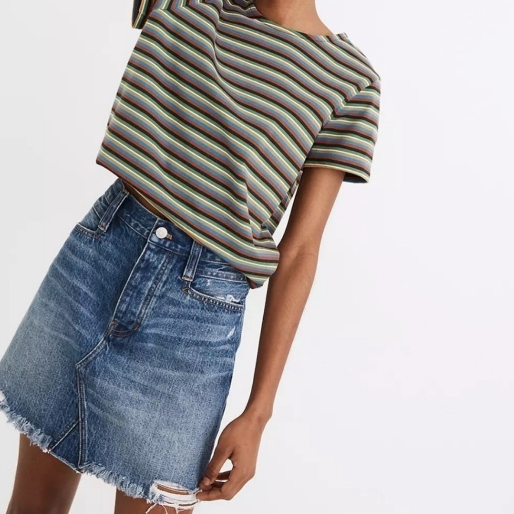 NEW Madewell Rigid Denim A Line High Rise Distressed Jean Skirt Pockets Sz 25